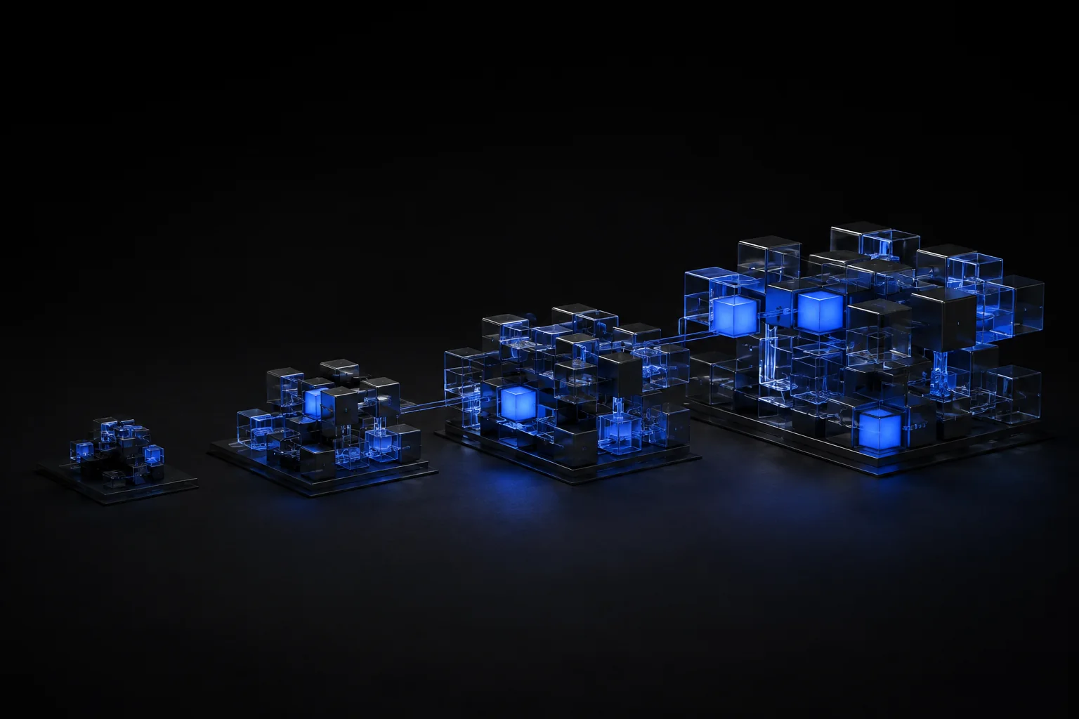 A modular glass structure growing from a small into an extensive system
