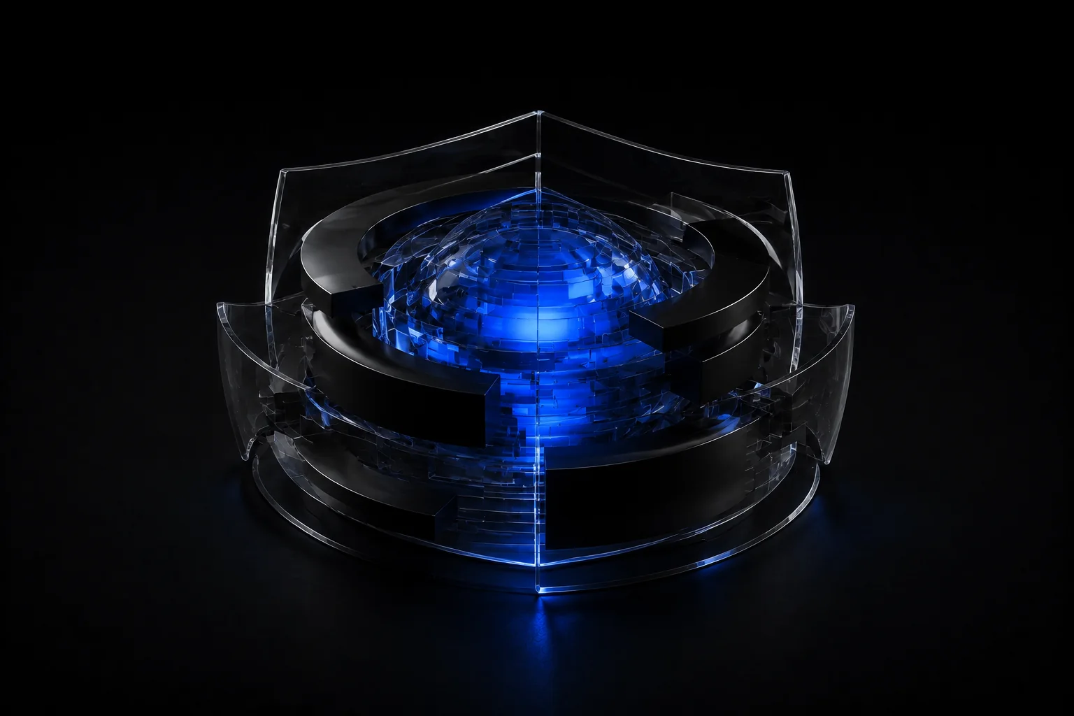 A blue core protected by a multi-layered glass and metal structure